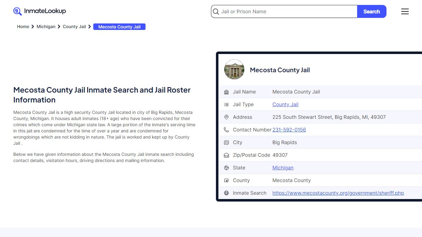 Mecosta County Jail Inmate Search and Jail Roster Information